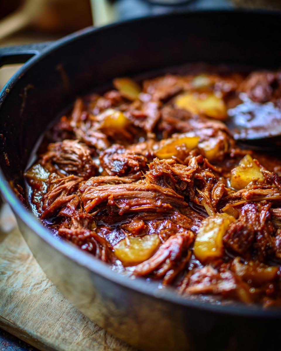 Close-up of shredded apple cider braised pork shoulder in a cast iron pot with chunks of apple.