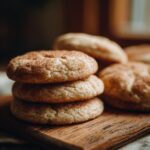 A close-up of a stack of three freshly baked apple cider snickerdoodle cookies, dusted with cinnamon sugar.