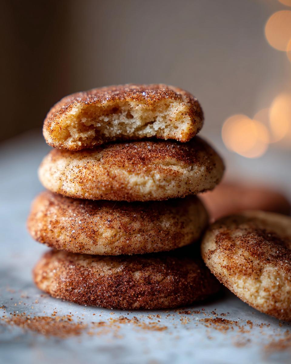 A stack of freshly baked Apple Cider Snickerdoodle Cookies, with the top cookie broken to show the soft interior.