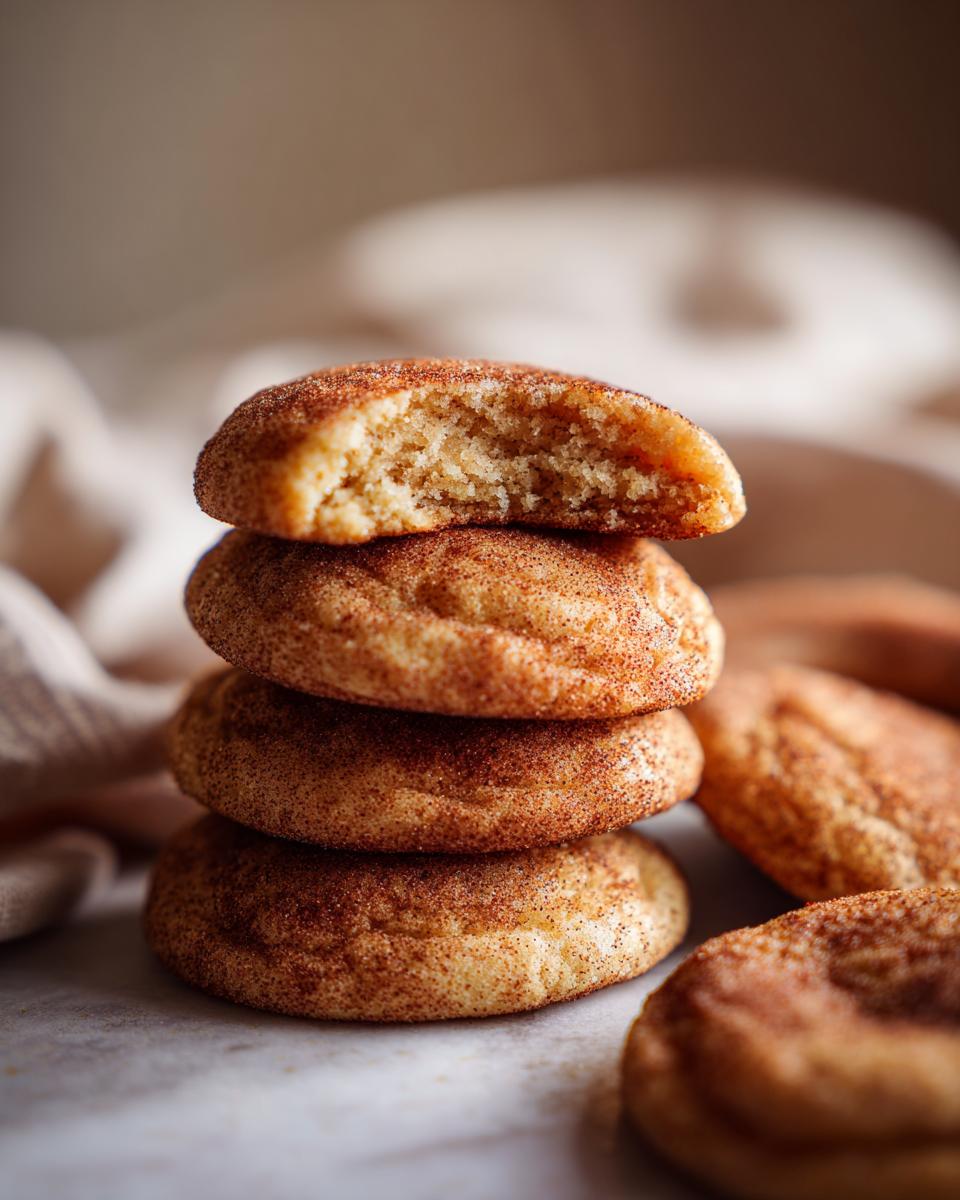 A stack of delicious Apple Cider Snickerdoodle Cookies, with one cookie broken in half to show the texture.