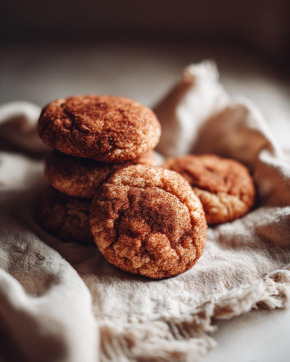 A stack of delicious Apple Cider Snickerdoodle Cookies coated in cinnamon sugar, resting on a textured cloth.