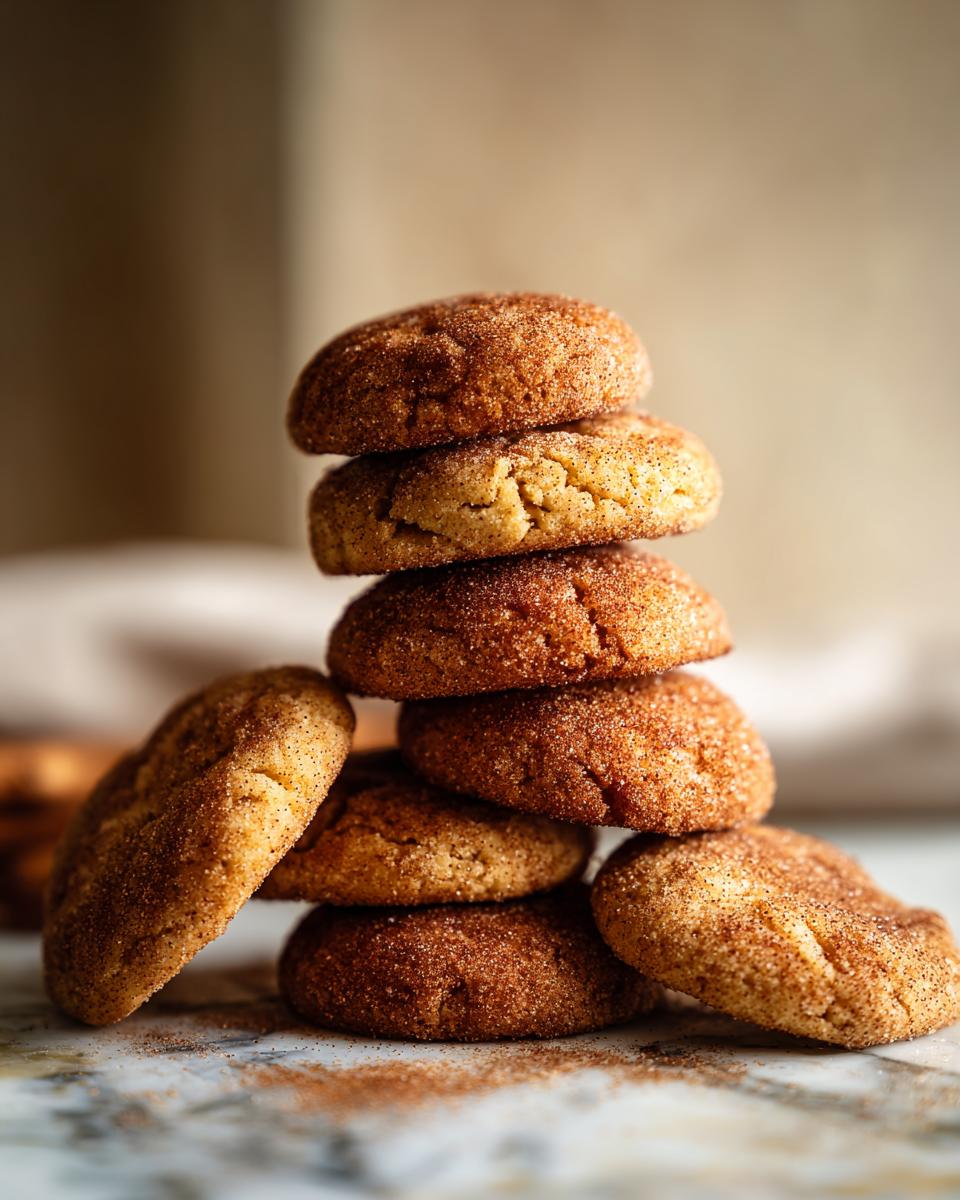 A tall stack of freshly baked apple cider snickerdoodle cookies, coated in cinnamon sugar.