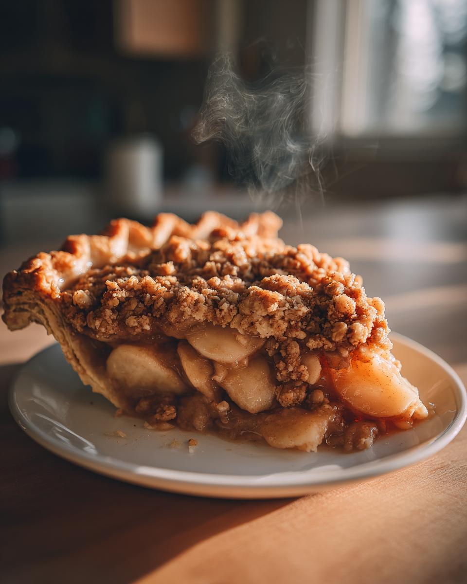 A close-up of a slice of warm apple crisp pie with visible steam rising, showcasing tender apple slices and a crumb topping.
