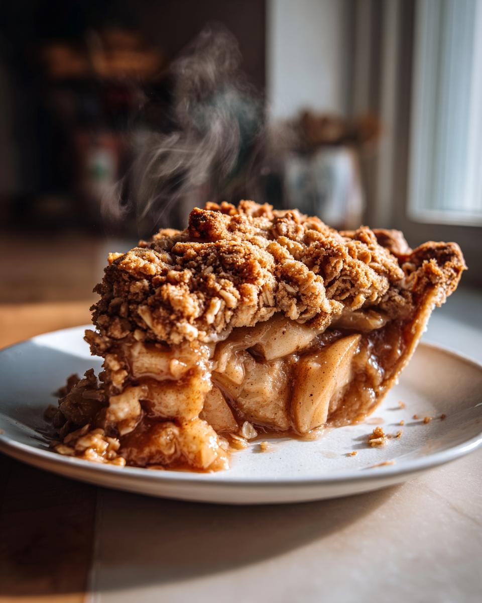 A close-up of a slice of warm apple crisp pie, with steam rising from the juicy apple filling and crumbly topping.