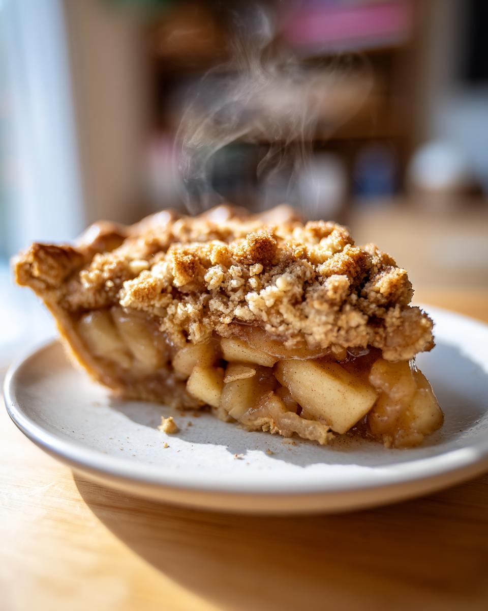 A warm slice of Apple Crisp Pie on a white plate, with steam rising from the baked apples and crumb topping.