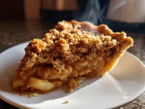 A steaming slice of delicious Apple Crisp Pie on a white plate, showcasing tender apple filling and a crumbly topping.
