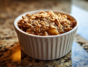Close-up of a single serving of warm apple crisp in a white ramekin, topped with crunchy oat crumble.