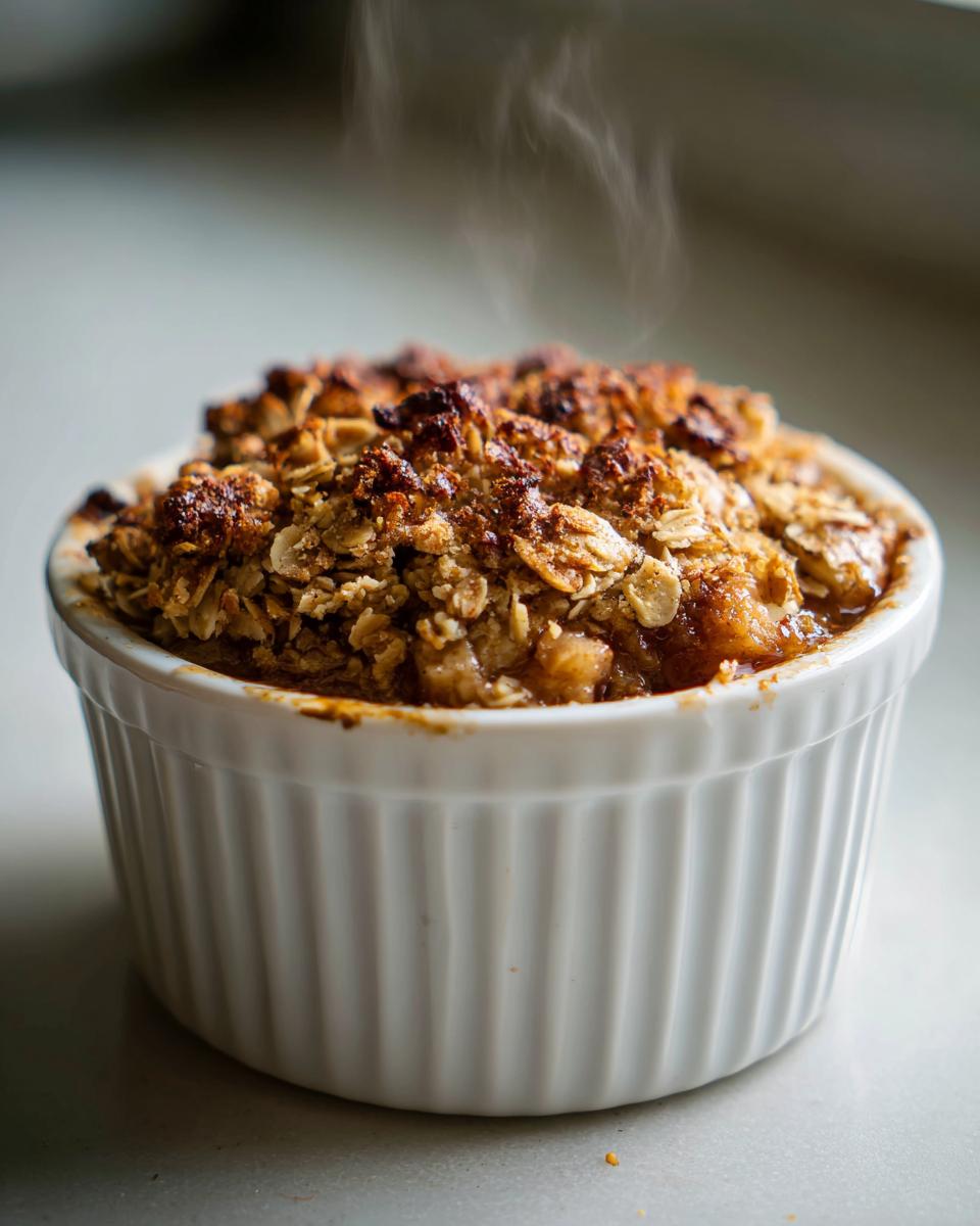 A close-up of a steaming ramekin filled with delicious apple crisp, featuring a golden-brown oat topping.