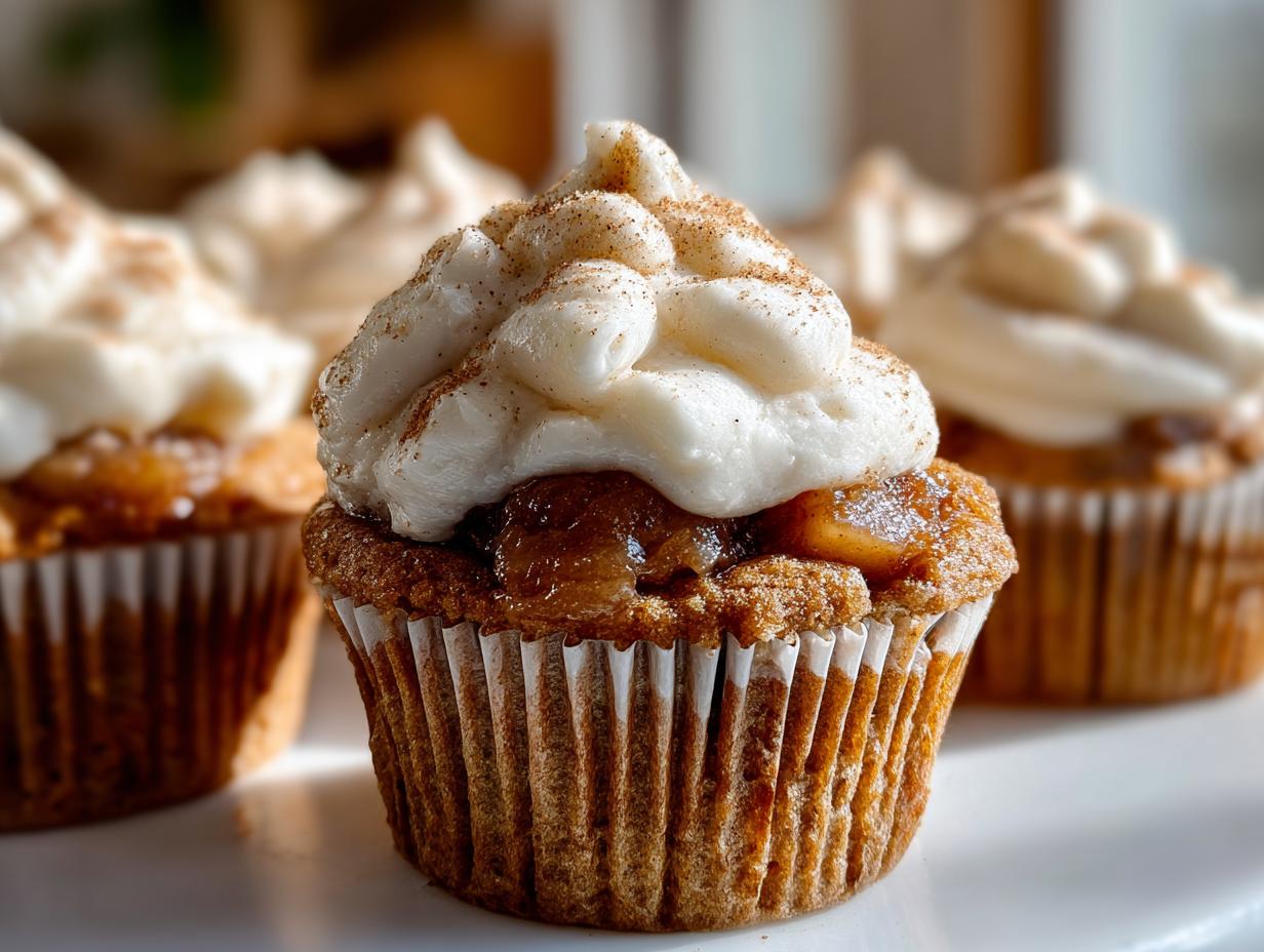 Close-up of a single apple pie cupcake topped with creamy frosting and dusted with cinnamon.