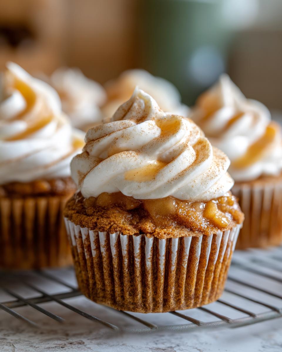 Close-up of a moist Apple Pie Cupcake topped with creamy frosting, cinnamon, and a drizzle of caramel.