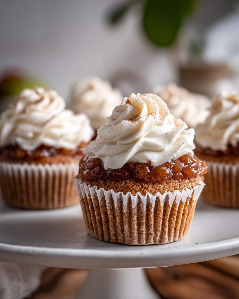 Close-up of a freshly baked apple pie cupcake topped with swirls of white frosting and a sprinkle of cinnamon.