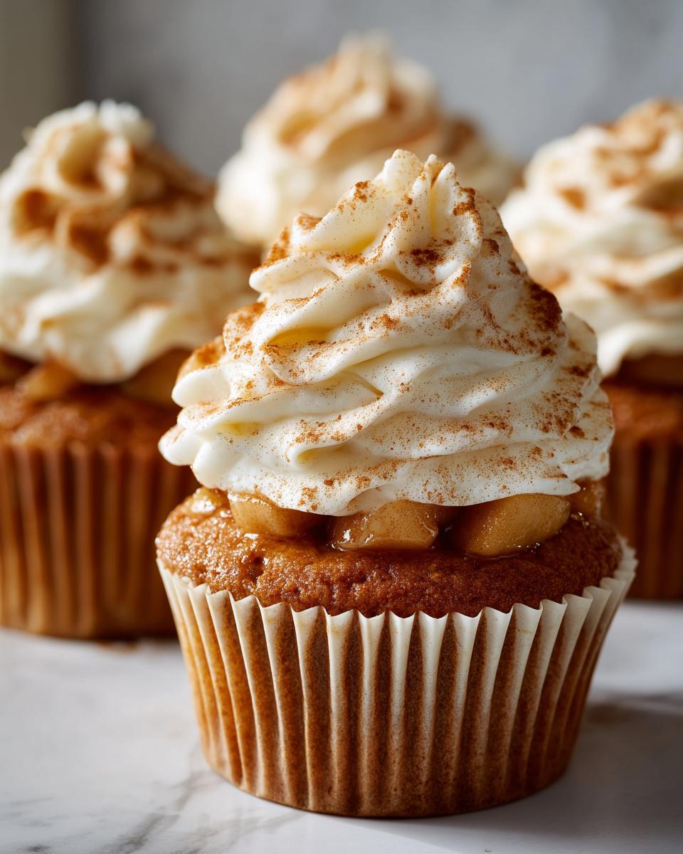 Close-up of a frosted apple pie cupcake, topped with whipped cream and cinnamon.