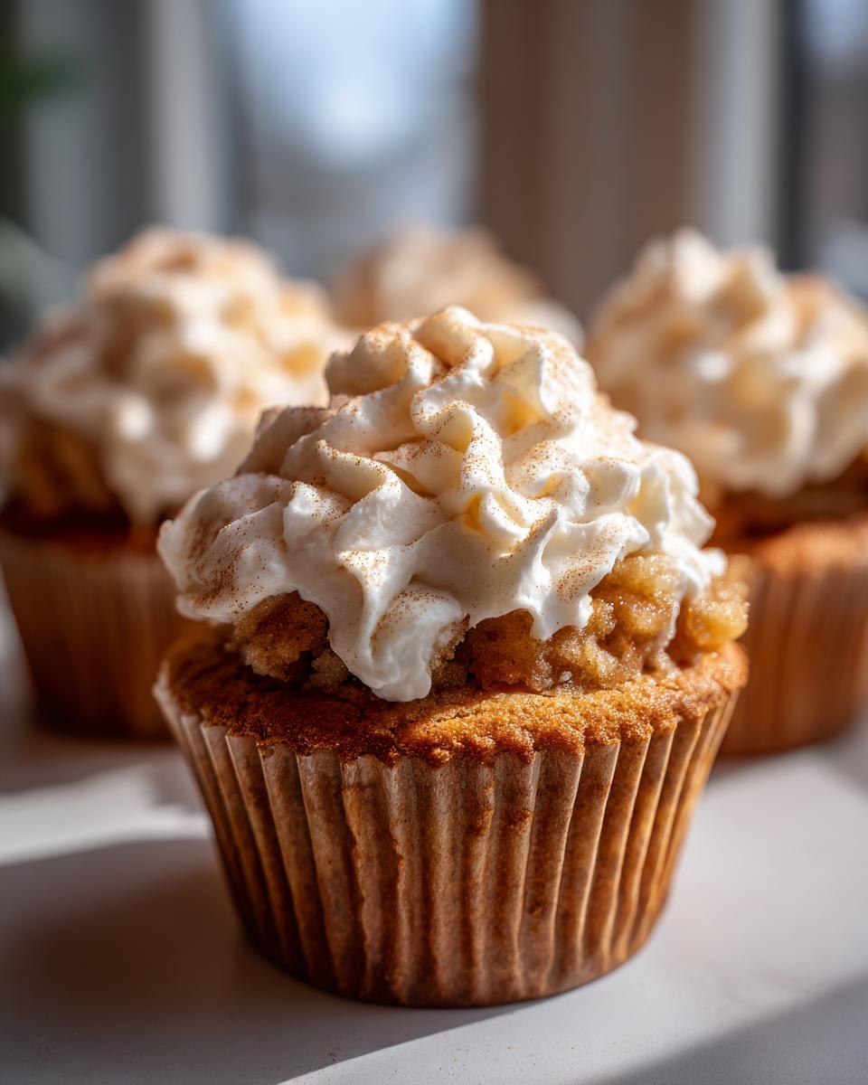 Close-up of a freshly baked apple pie cupcake topped with whipped cream and a sprinkle of cinnamon.
