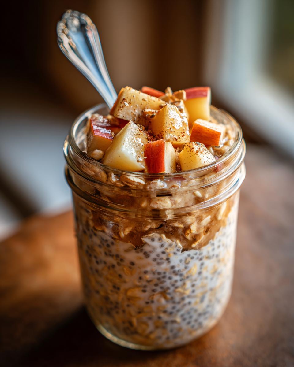 Close-up of apple pie overnight oats in a mason jar, topped with diced apples and cinnamon.