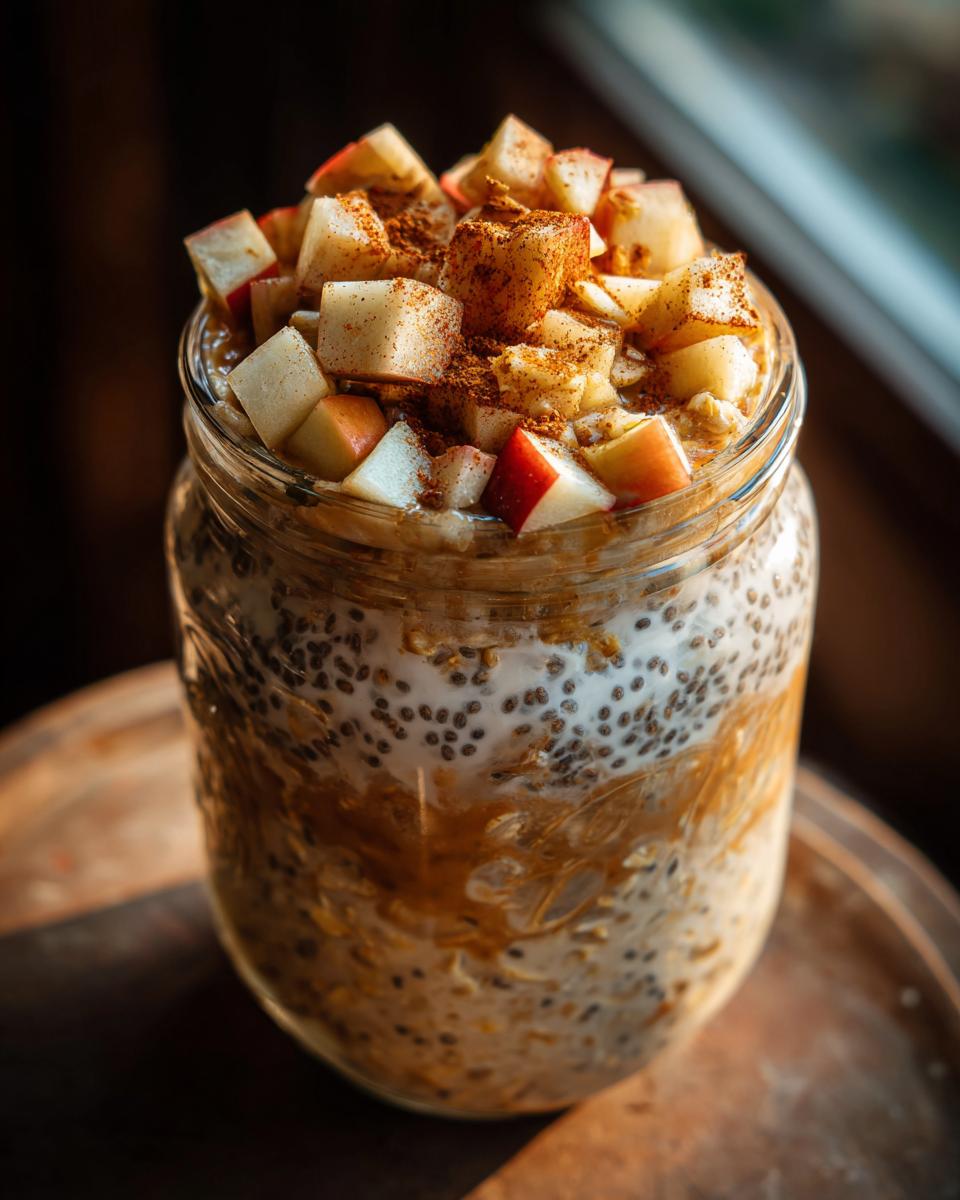 Close-up of apple pie overnight oats in a mason jar, topped with diced apples and cinnamon.