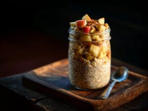 Close-up of apple pie overnight oats in a glass jar, topped with diced apples and cinnamon.