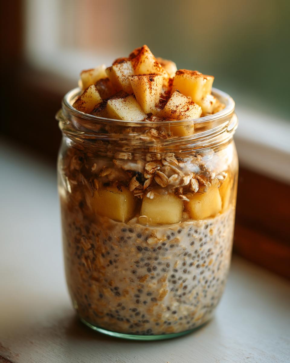 Close-up of apple pie overnight oats in a jar, topped with diced apples and cinnamon.
