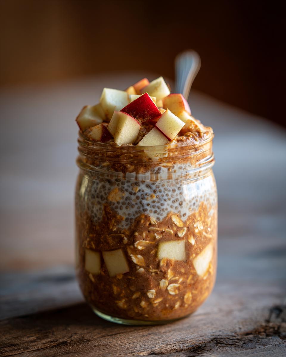 Close-up of apple pie overnight oats in a mason jar, topped with diced apples and a spoon.
