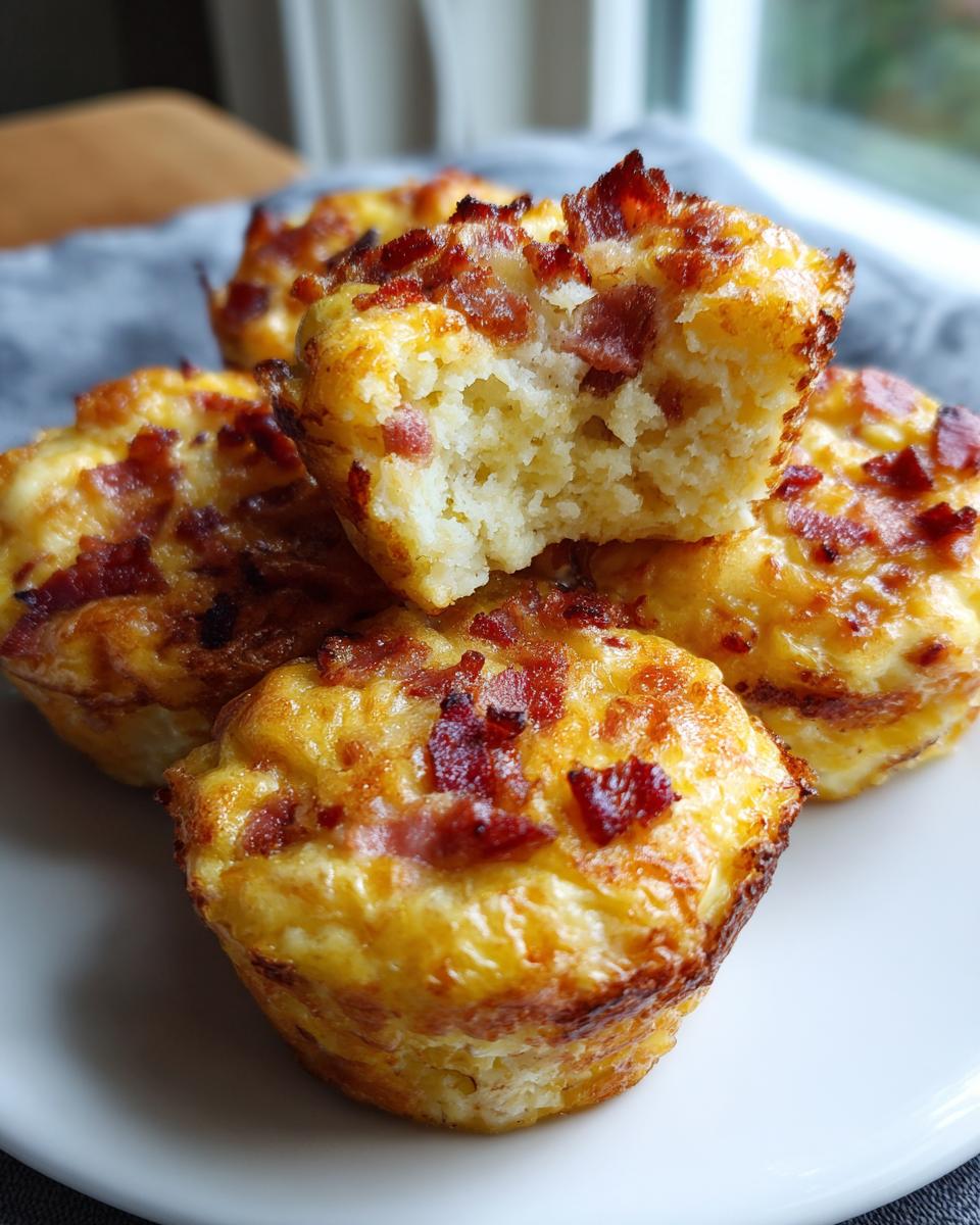 A close-up of fluffy bacon gruyere egg bites, one with a bite taken out, showing the cheesy interior.