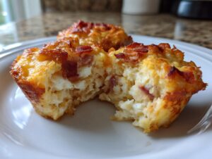 A close-up of a broken bacon gruyere egg bite on a white plate, showing fluffy egg and crispy bacon.