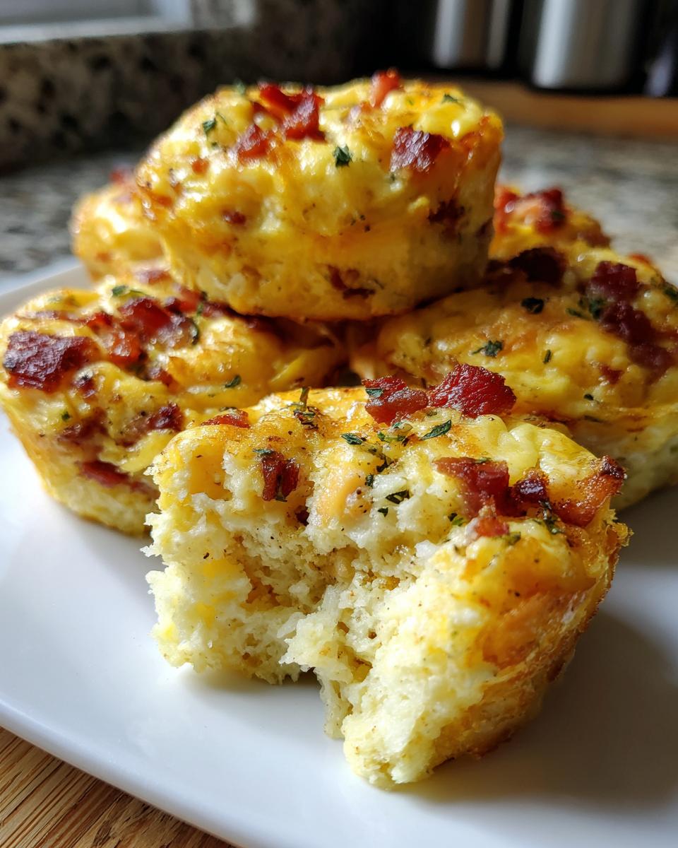 A close-up of a stack of fluffy Bacon Gruyere Egg Bites, with one bite taken out of the front one.