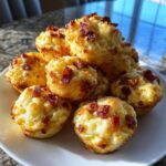A close-up stack of golden-brown bacon gruyere egg bites topped with crispy bacon pieces.