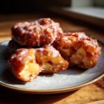 Close-up of delicious baked apple fritters drizzled with white glaze, showing chunks of apple inside.