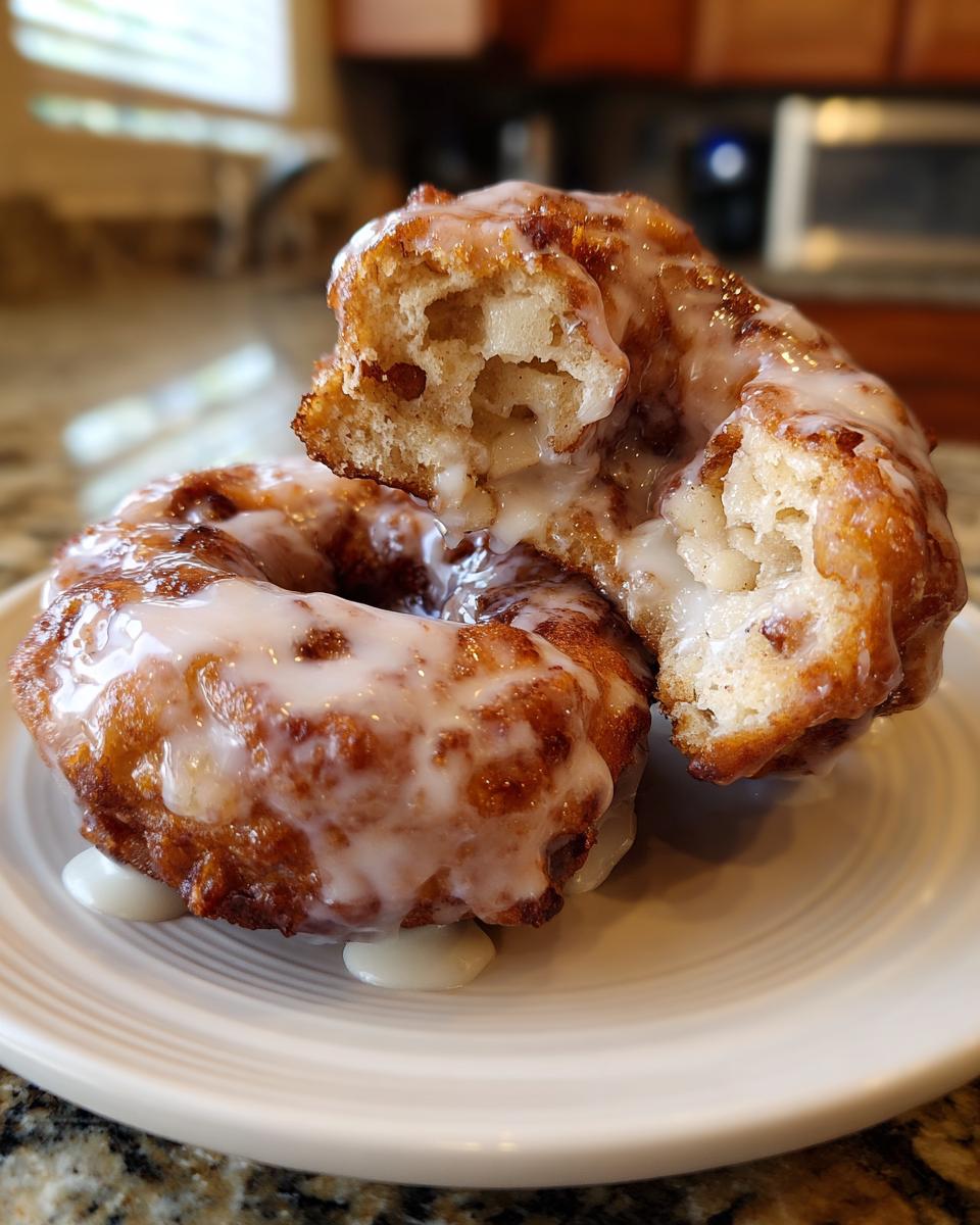 Close-up of two baked apple fritters, one broken open, revealing soft apple pieces and drizzled with white glaze.