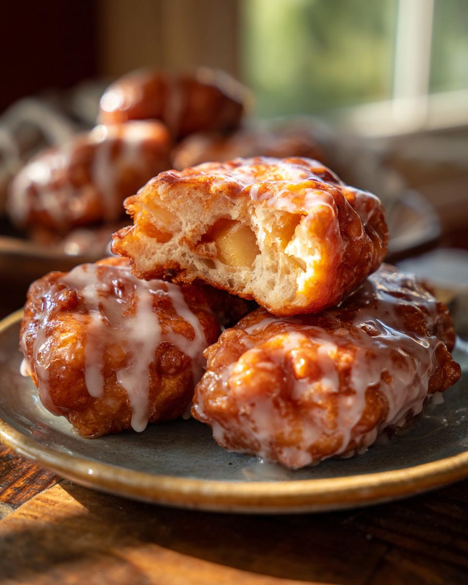 Close-up of three glazed baked apple fritters, one broken open to reveal apple pieces inside.