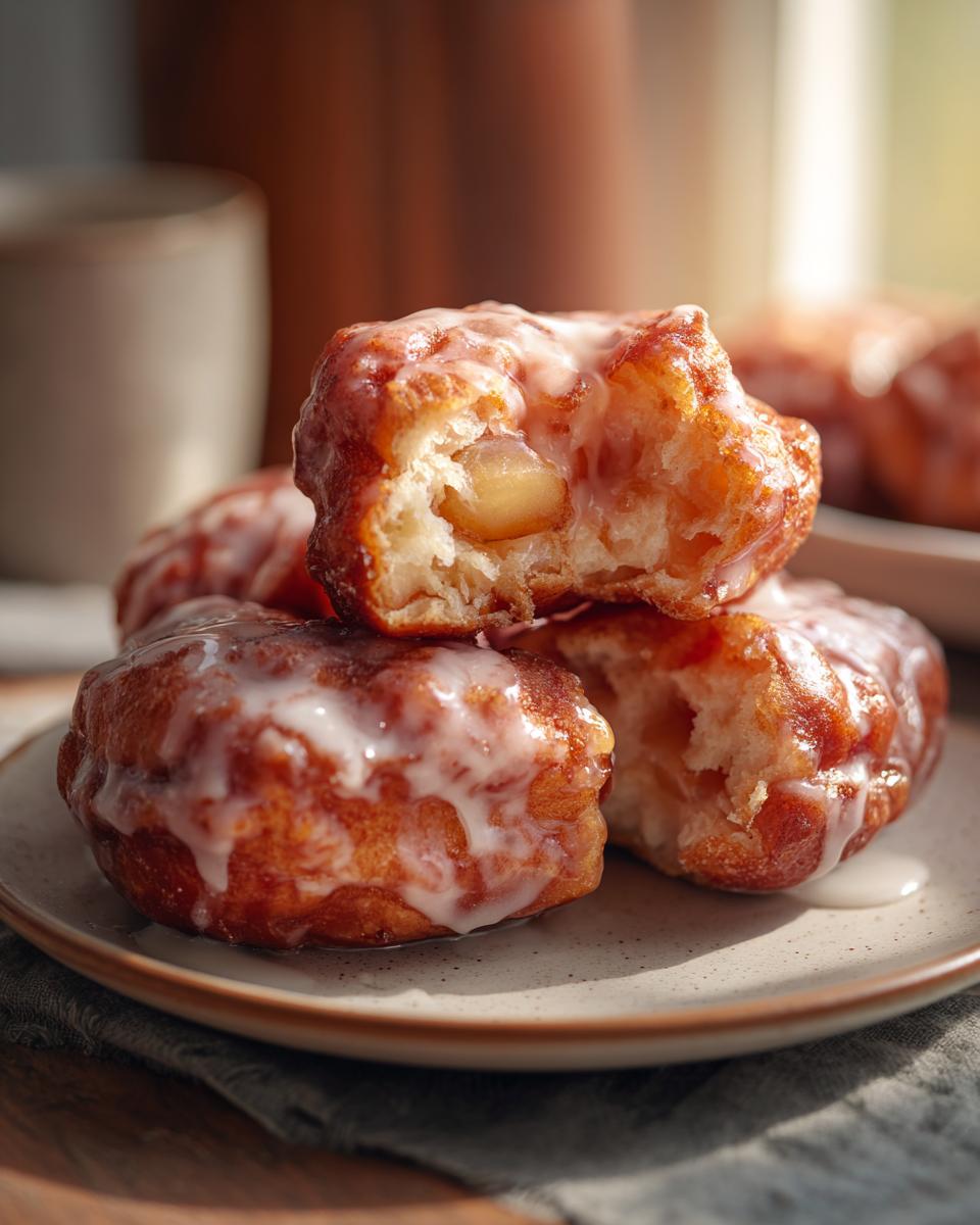 A close-up of a stack of glazed baked apple fritters, with one fritter broken open to reveal apple pieces inside.