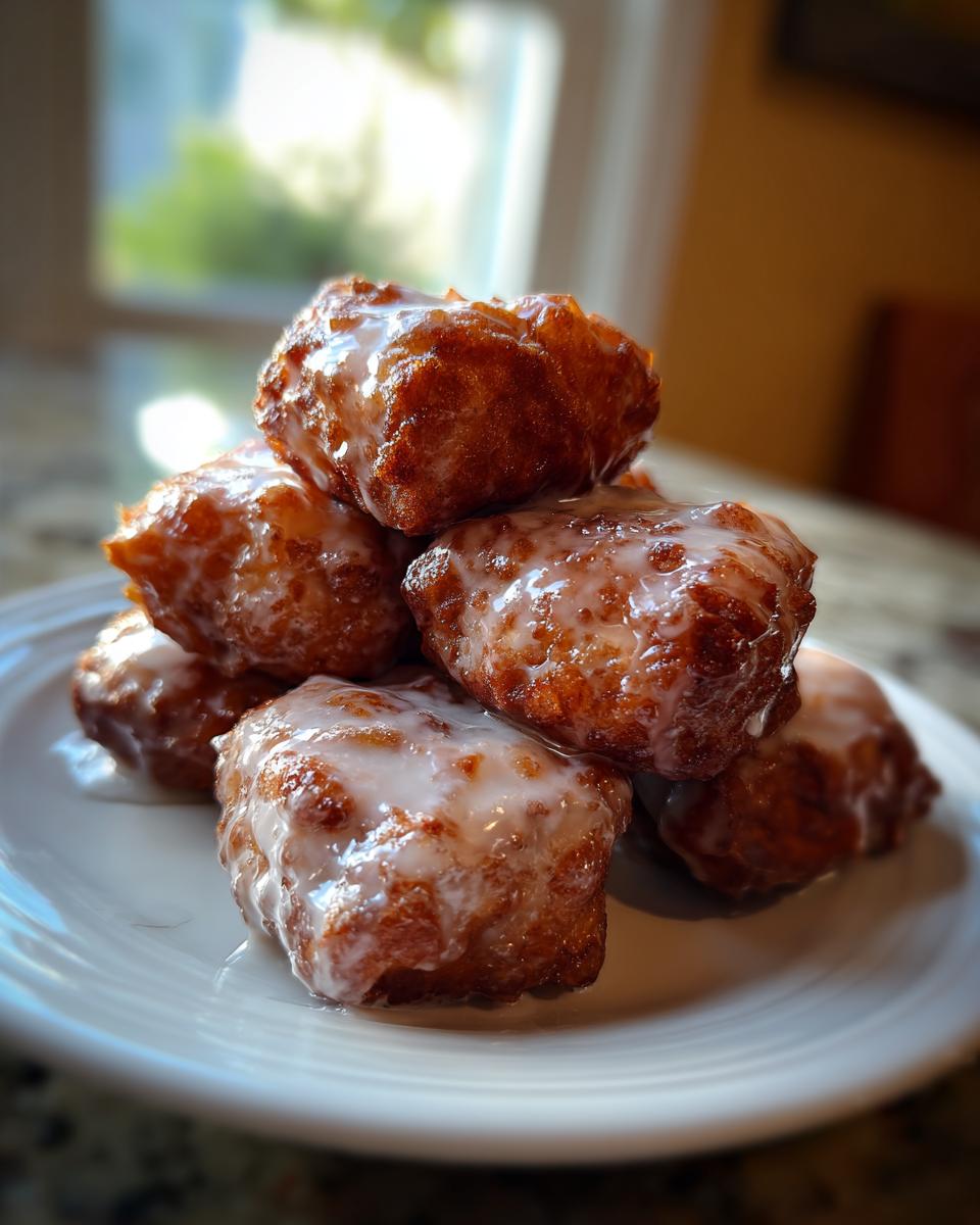 A stack of golden-brown baked apple fritters generously drizzled with a white glaze.