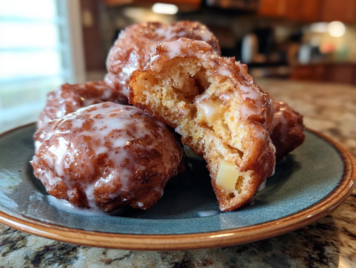 A close-up of delicious baked apple fritters, one split open to reveal soft apple pieces and a sweet glaze.