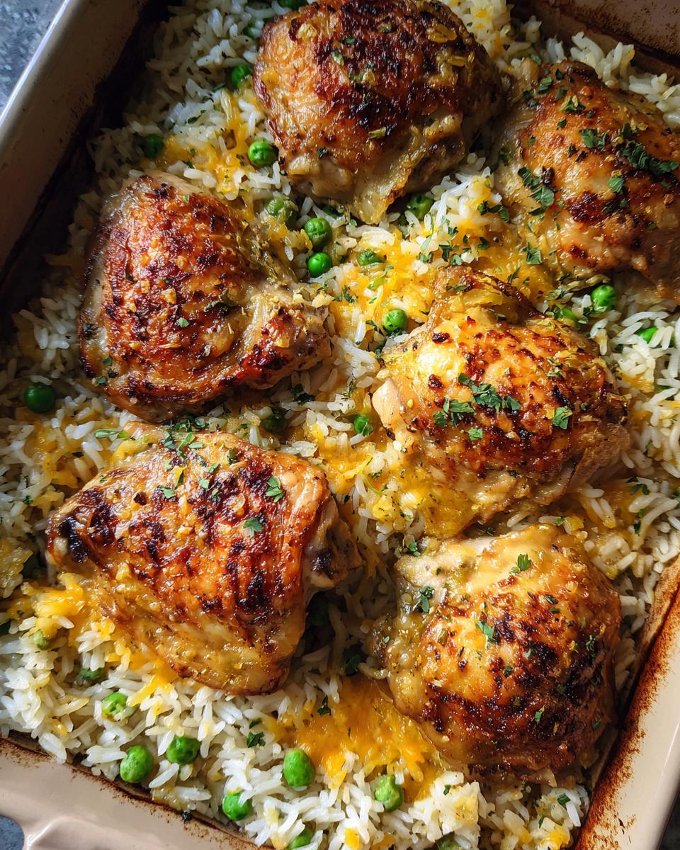Close-up of a baked chicken and rice casserole with golden brown chicken thighs, fluffy rice, peas, and melted cheese.