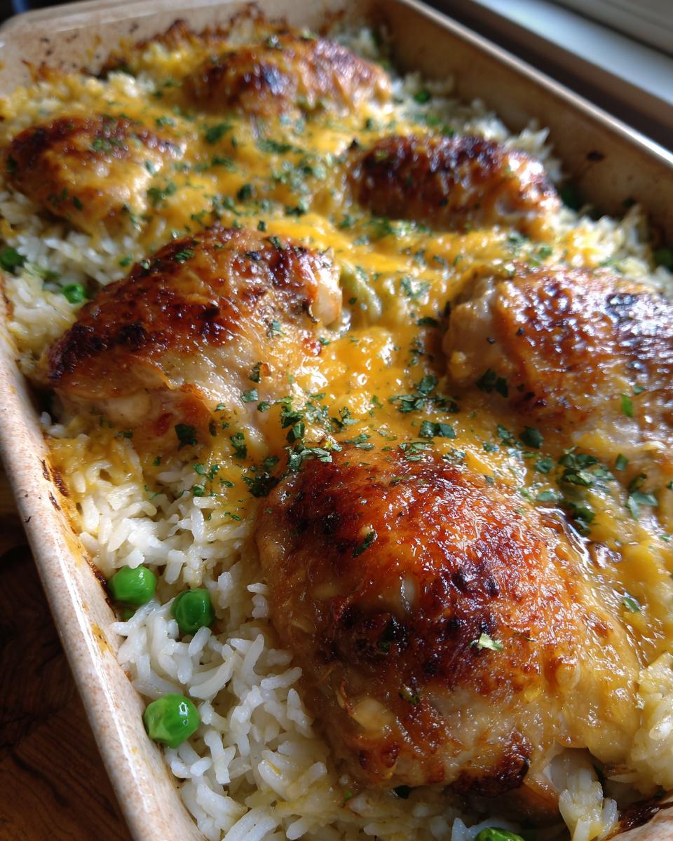 A close-up of a golden brown baked chicken and rice casserole, topped with melted cheese and parsley.