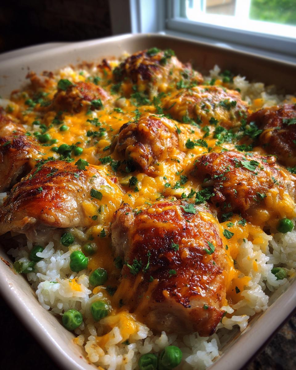 Close-up of a golden brown baked chicken and rice casserole topped with melted cheese and peas.