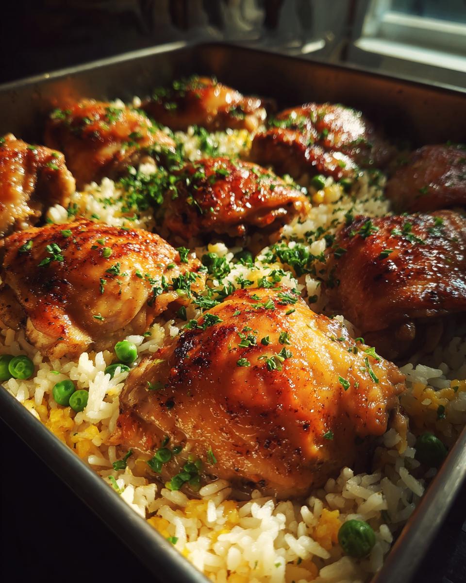 Close-up of golden brown baked chicken thighs nestled in fluffy rice with peas, garnished with parsley.