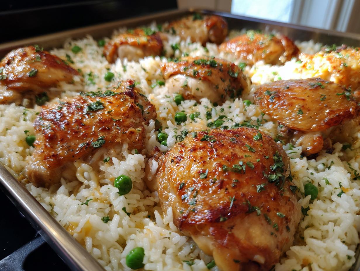 Close-up of golden brown baked chicken thighs nestled in fluffy white rice with peas, garnished with parsley.