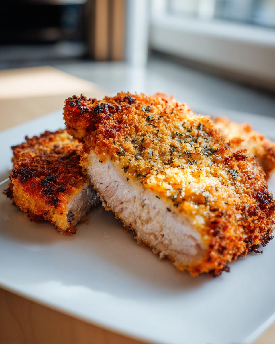 Close-up of two perfectly baked parmesan pork chops on a white plate, showing a golden-brown crispy crust and juicy interior.