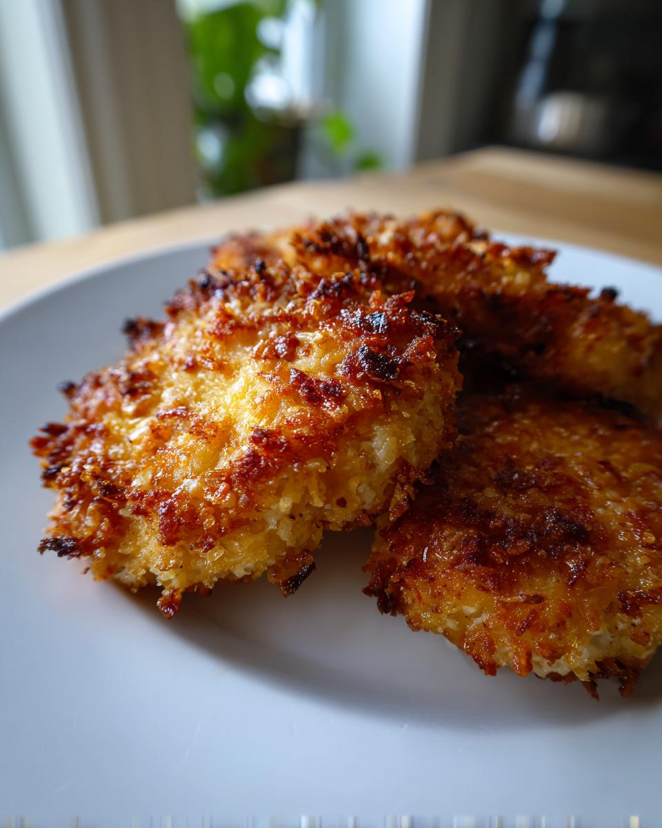 Close-up of golden-brown baked parmesan pork chops on a white plate, showcasing a crispy coating.