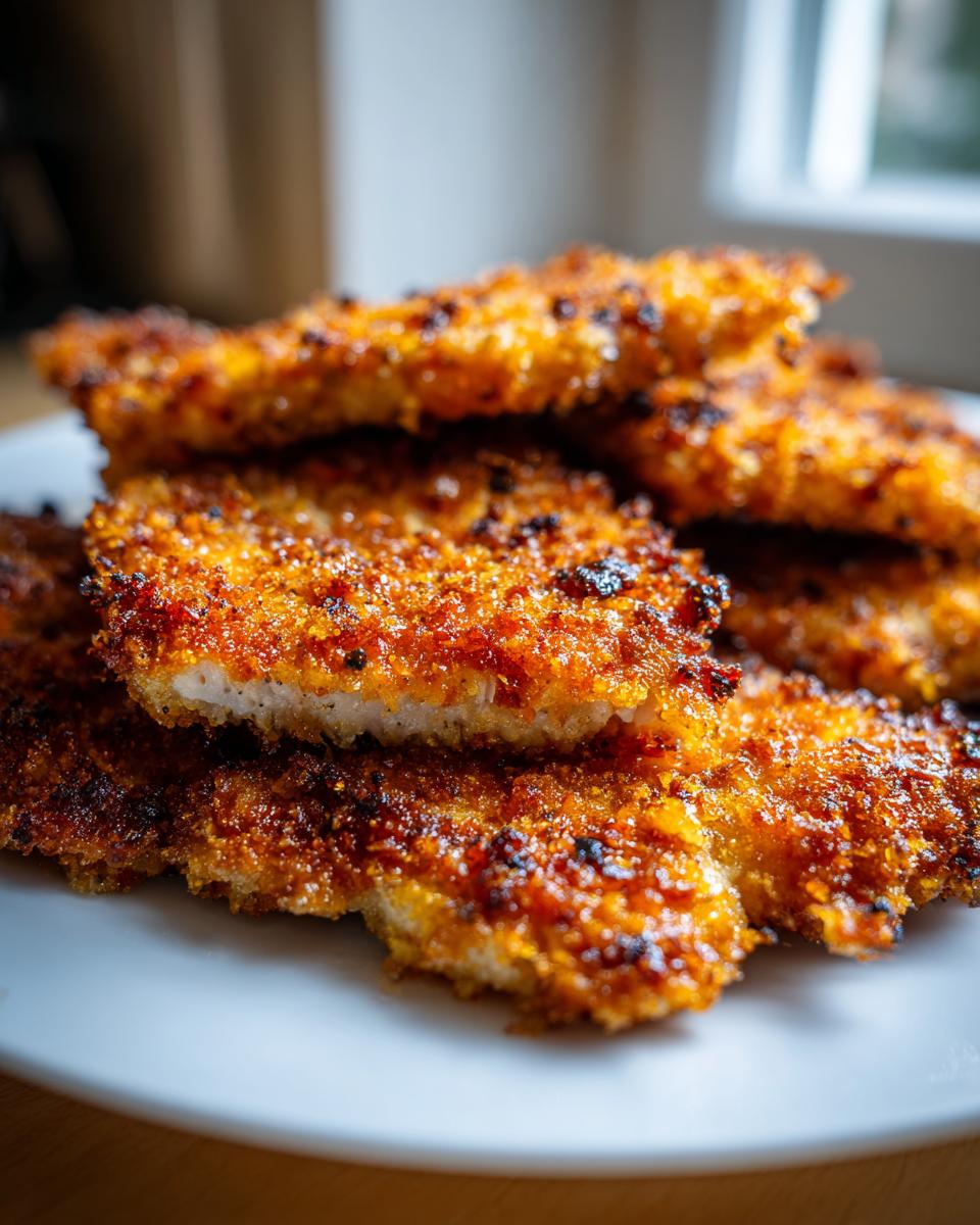 A close-up, golden-brown pile of crispy baked parmesan pork chops on a white plate.