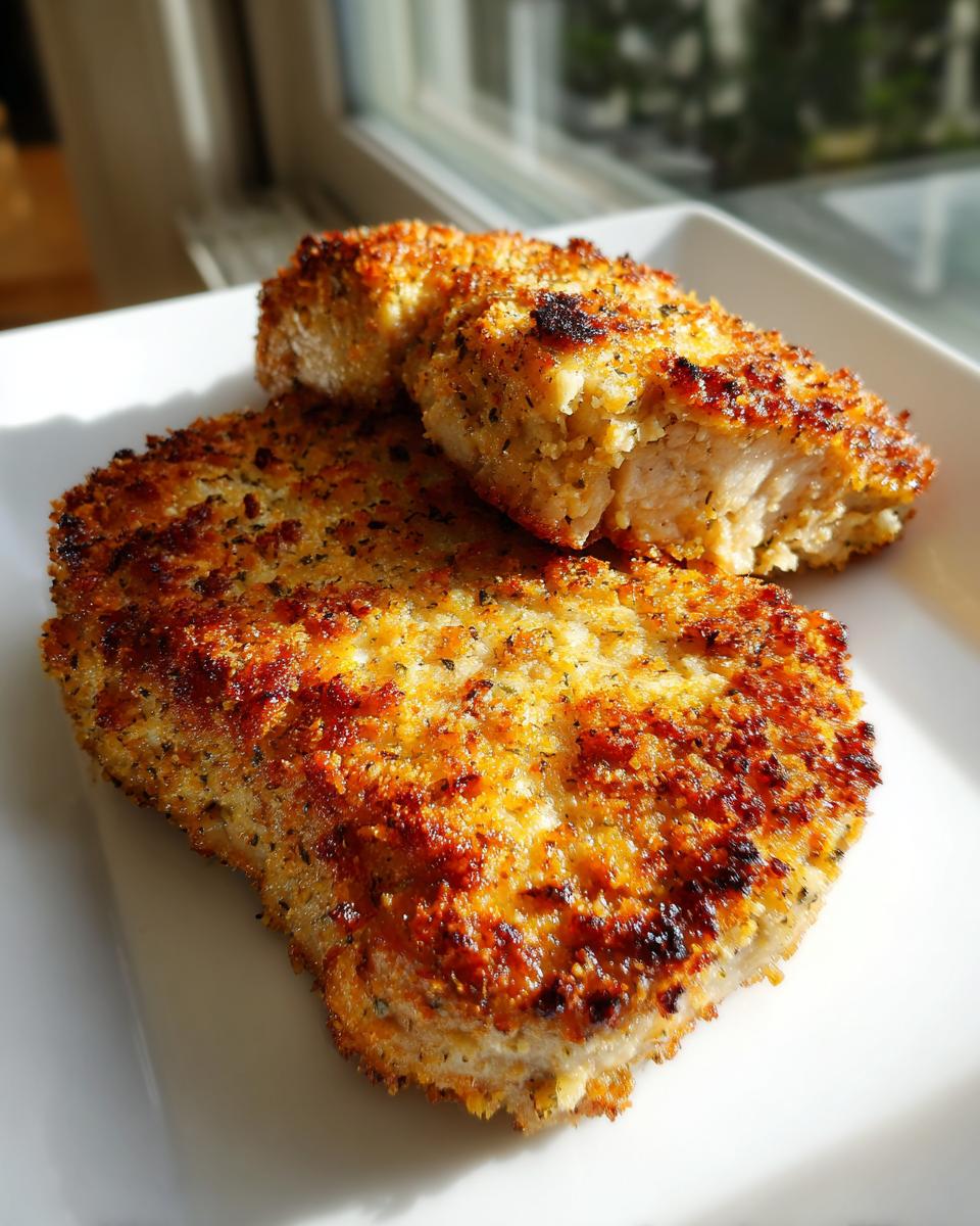 Close-up of golden-brown baked parmesan pork chops on a white plate, with one chop cut to show the juicy interior.