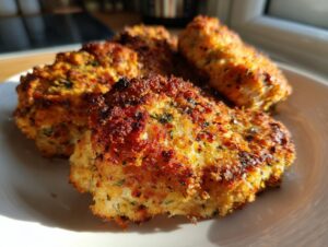 Close-up of golden-brown baked parmesan pork chops, coated in crispy breadcrumbs and herbs, served on a white plate.