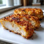 A close-up view of perfectly baked parmesan pork chops, showcasing a golden-brown, crispy crust and juicy interior.