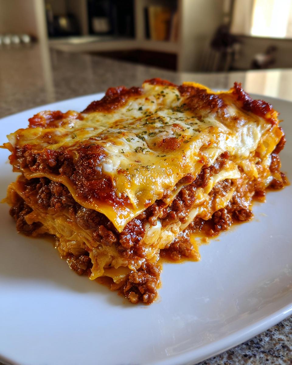 A generous slice of homemade Beef Lasagna on a white plate, featuring layers of pasta, rich meat sauce, and melted cheese.