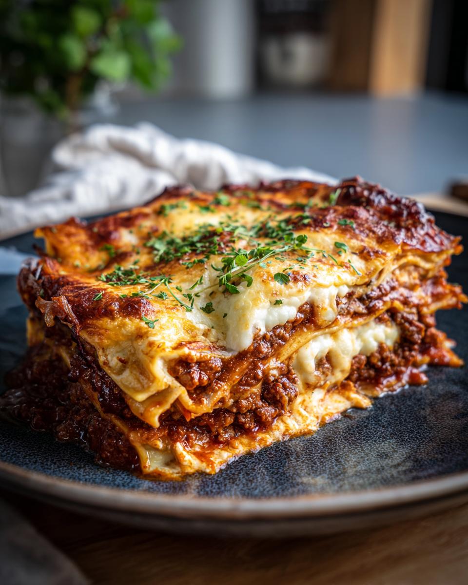 A hearty slice of beef lasagna on a dark plate, topped with melted cheese and fresh parsley.