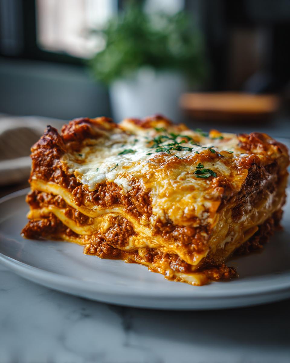 A generous slice of beef lasagna, featuring layers of pasta, rich meat sauce, and melted cheese, garnished with parsley.