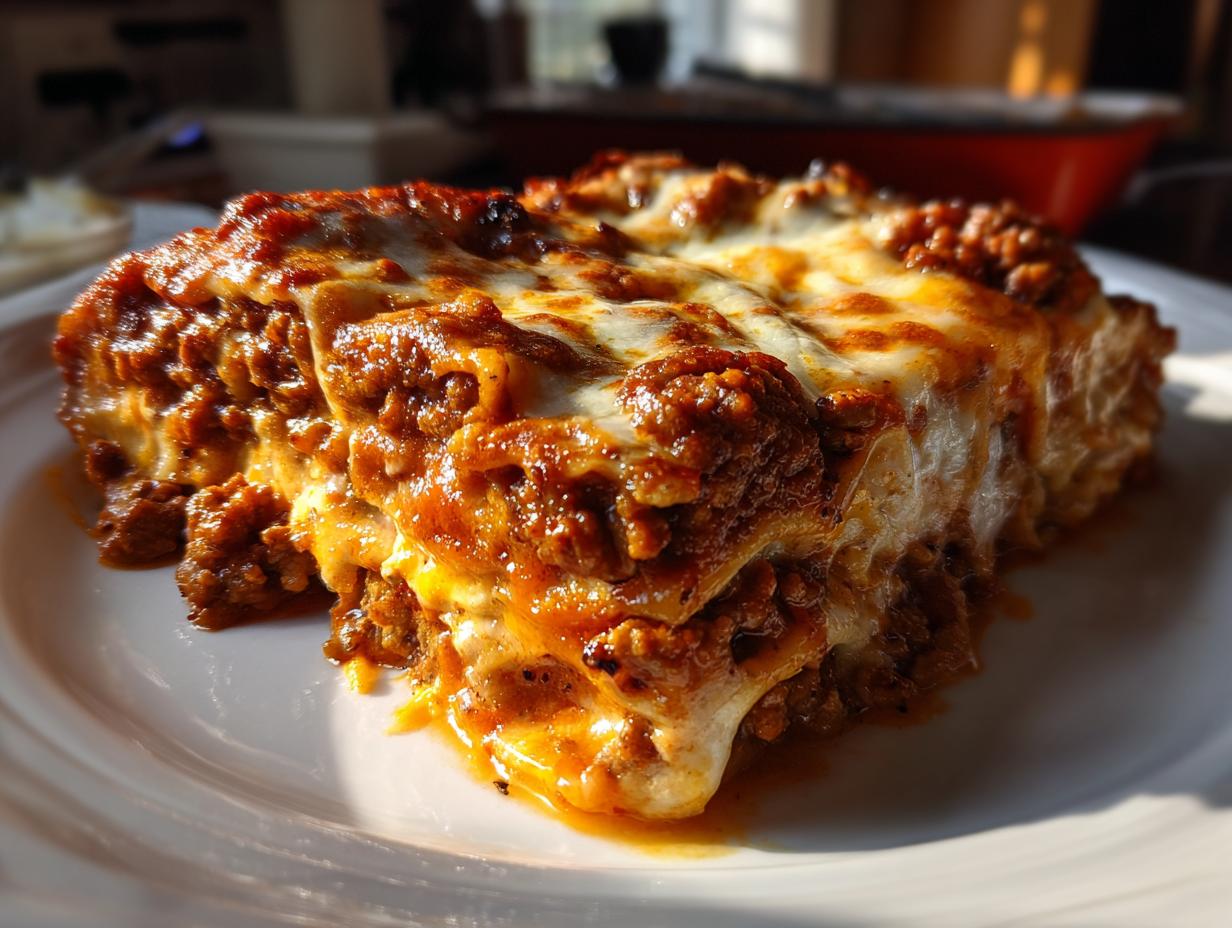 A close-up of a hearty slice of beef lasagna, featuring layers of pasta, rich meat sauce, and melted mozzarella cheese.