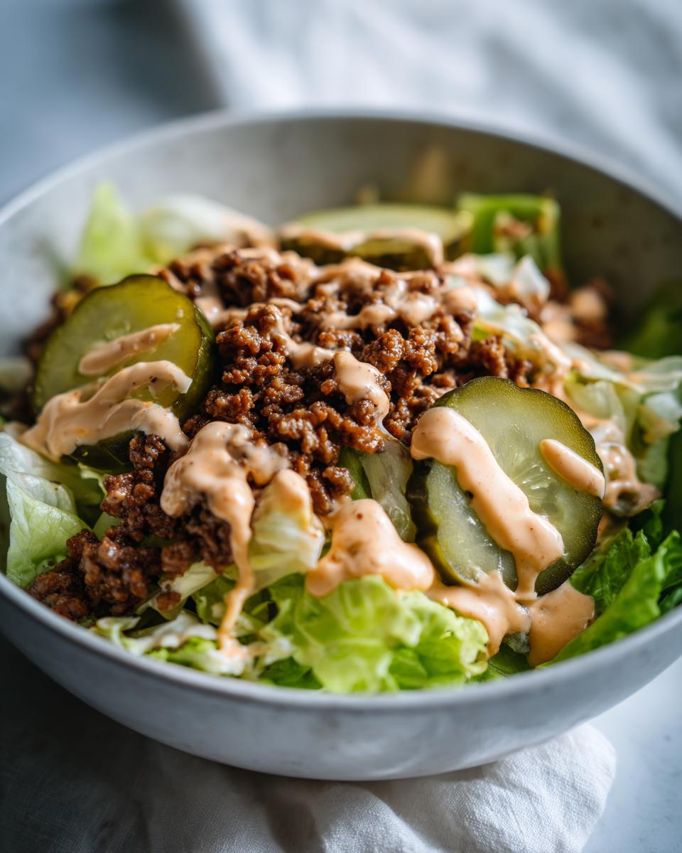 Close-up of a Big Mac salad in a bowl, featuring lettuce, seasoned ground beef, pickles, and a creamy dressing.