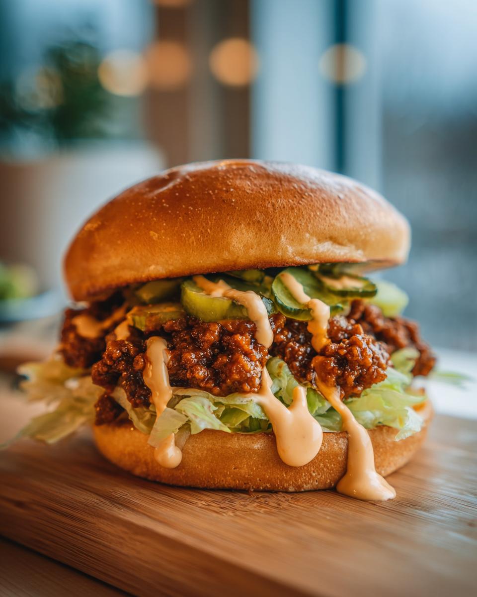 A close-up of a Big Mac salad burger on a wooden board, featuring a sesame seed bun, lettuce, seasoned ground beef, pickles, and a creamy special sauce.