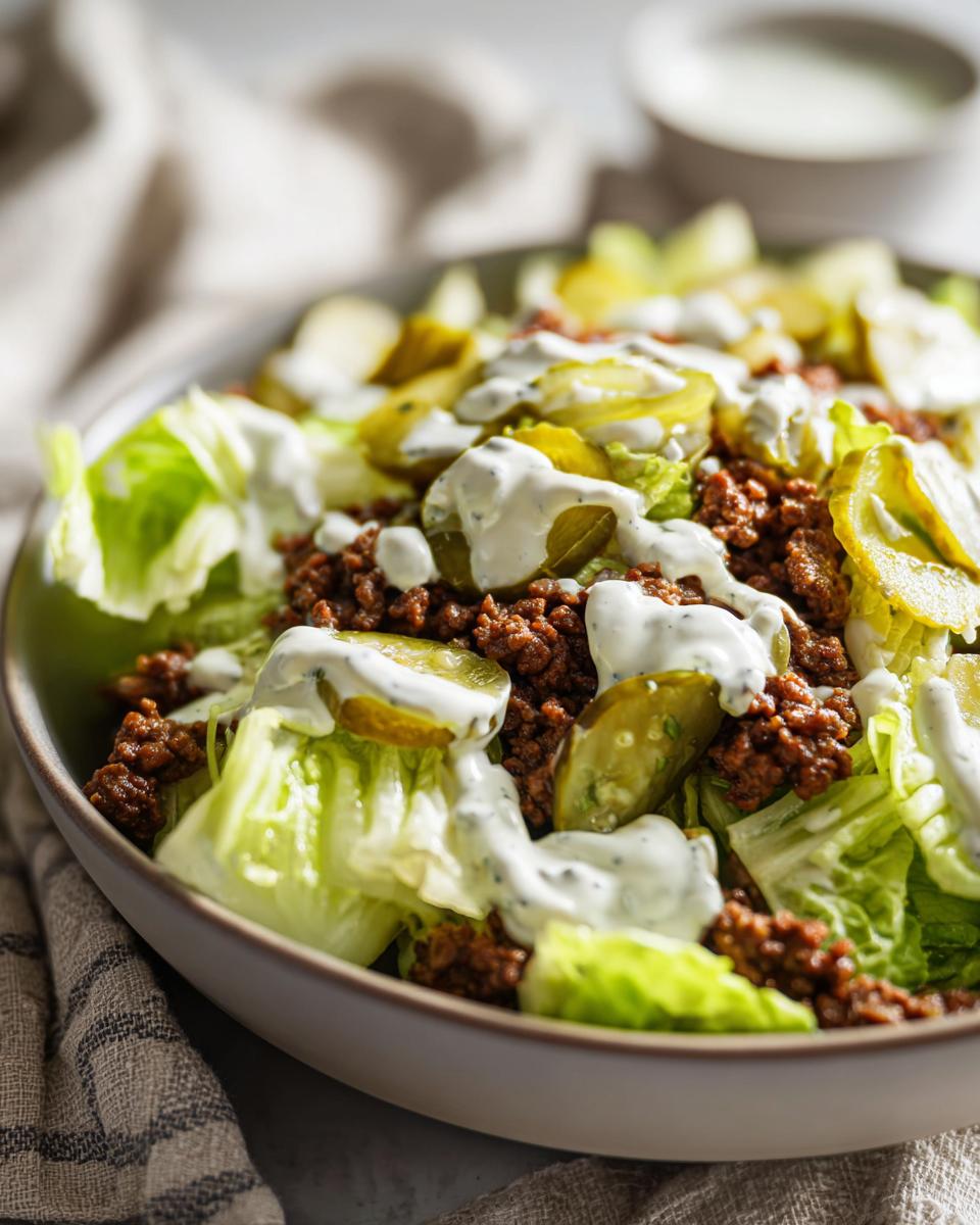 A close-up of a Big Mac salad featuring lettuce, seasoned ground beef, pickles, and a creamy dressing.